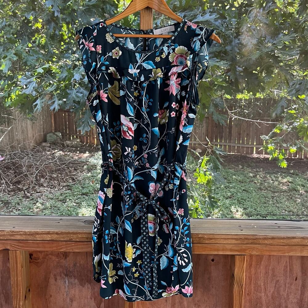 LOFT Women's Green Floral Belted Mini Dress Size M